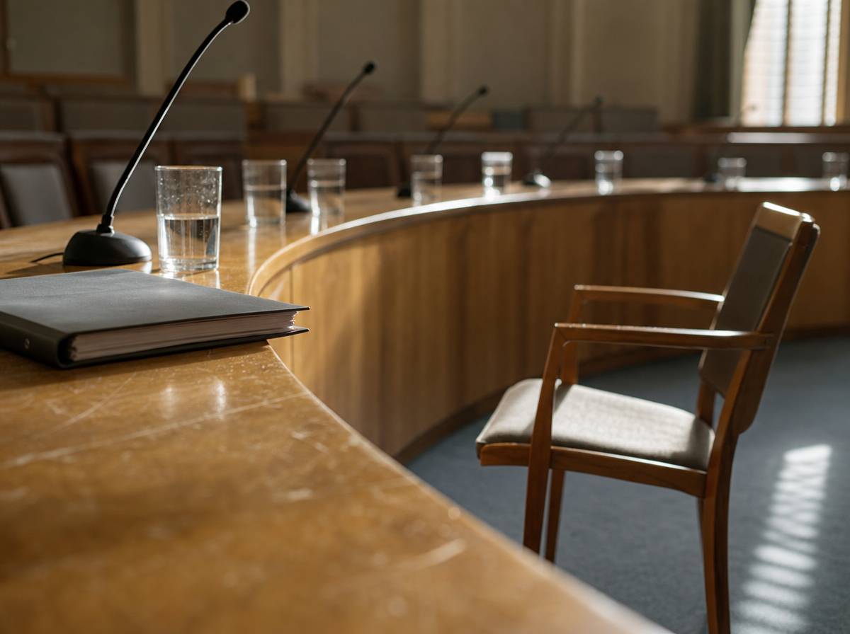 Pusta sala obrad z mikrofonami i odsuniętym krzesłem — miejsce sporu o normy uniwersalne