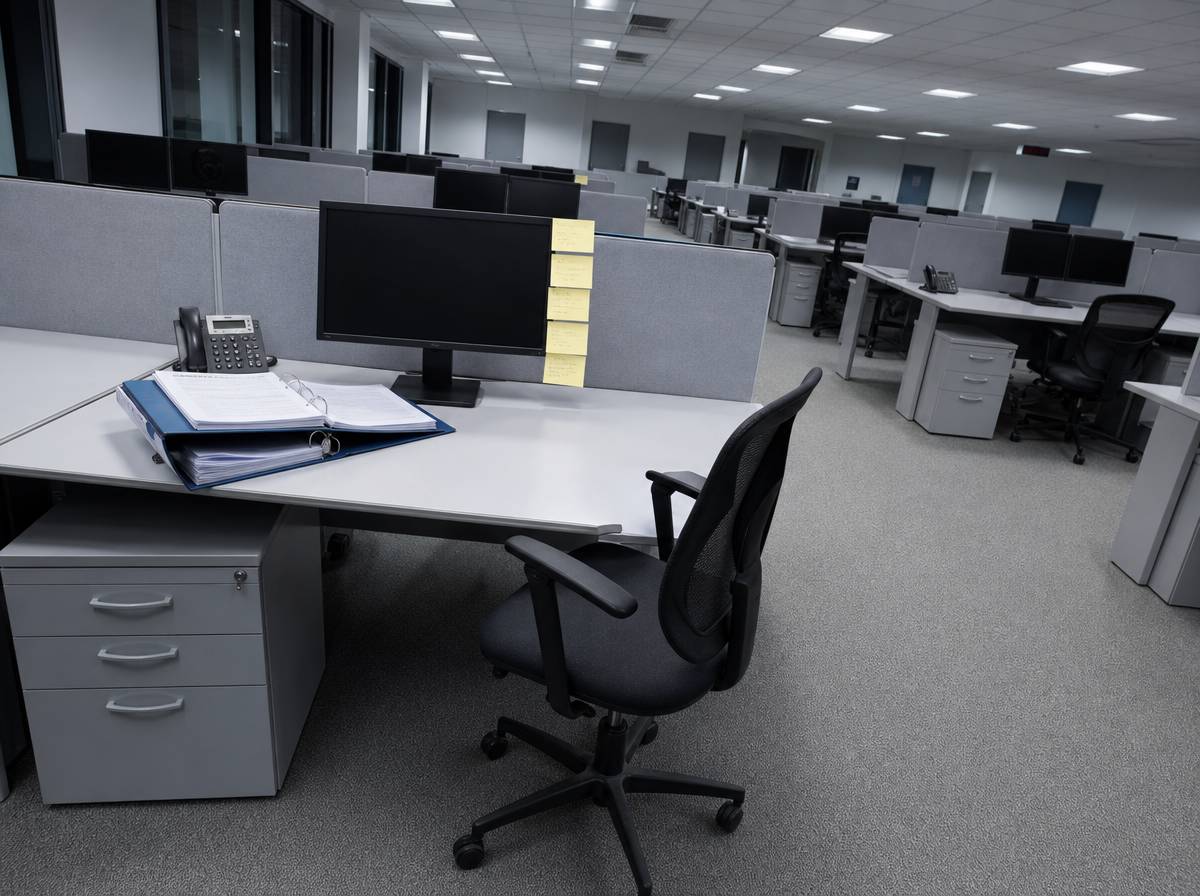 Puste biurko w open space z odsuniętym krzesłem, otwartymi teczkami i żółtymi karteczkami na monitorze