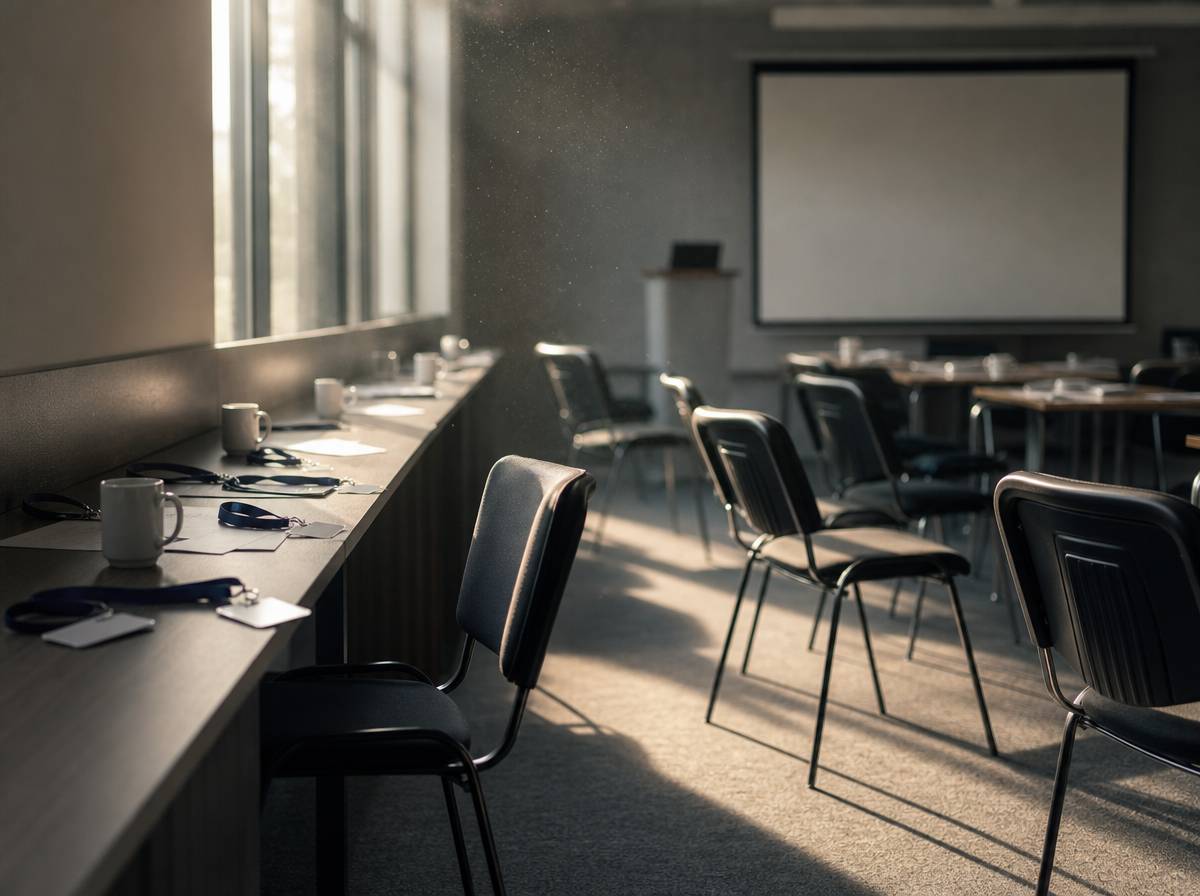 Pusta sala po wydarzeniu branżowym z identyfikatorami na smyczach i kubkami na stole