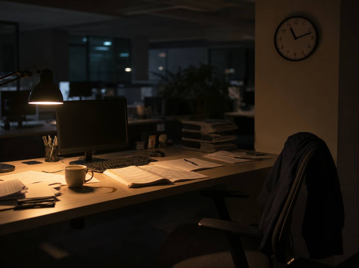 Biurowe stanowisko po godzinach z odsuniętym krzesłem i dokumentami — granice prawa do odmowy w pracy