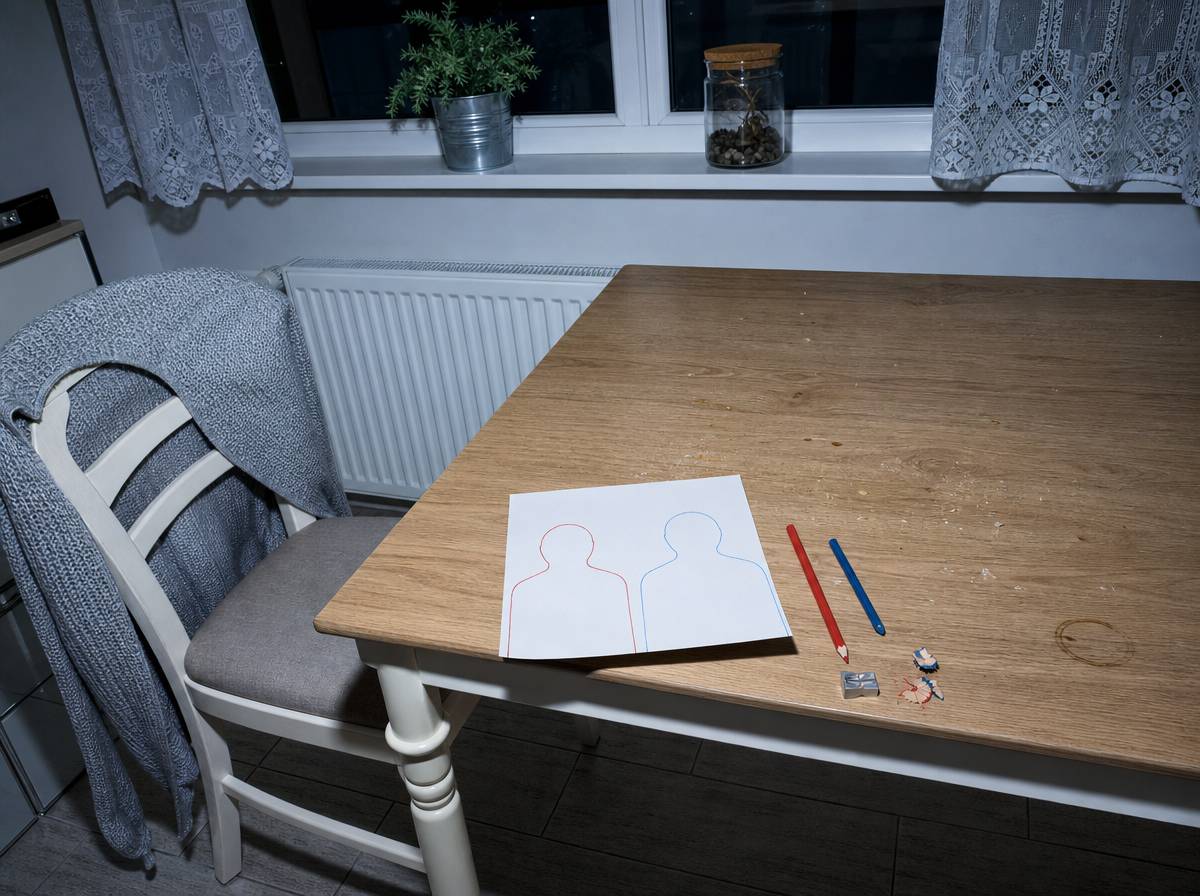 Kartka z dwoma pustymi konturami sylwetki i kredkami na kuchennym stole przy oknie