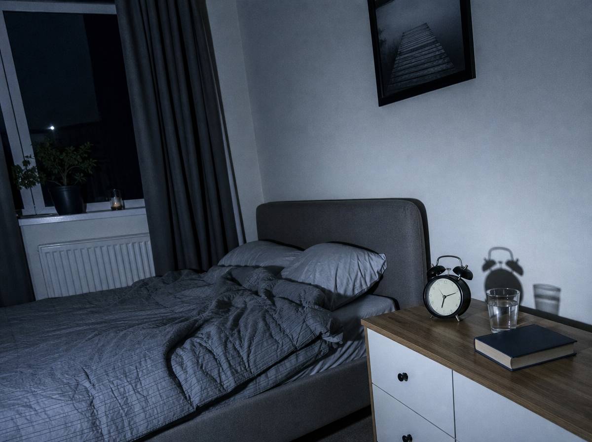 Sypialnia z budzikiem na szafce i posłanym łóżkiem, stała pora snu w planie minimum