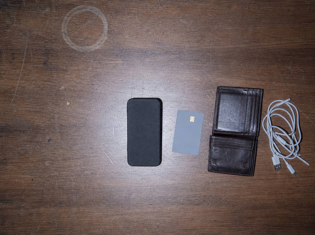 Telefon odłożony ekranem do biurka obok karty płatniczej wyjętej z portfela