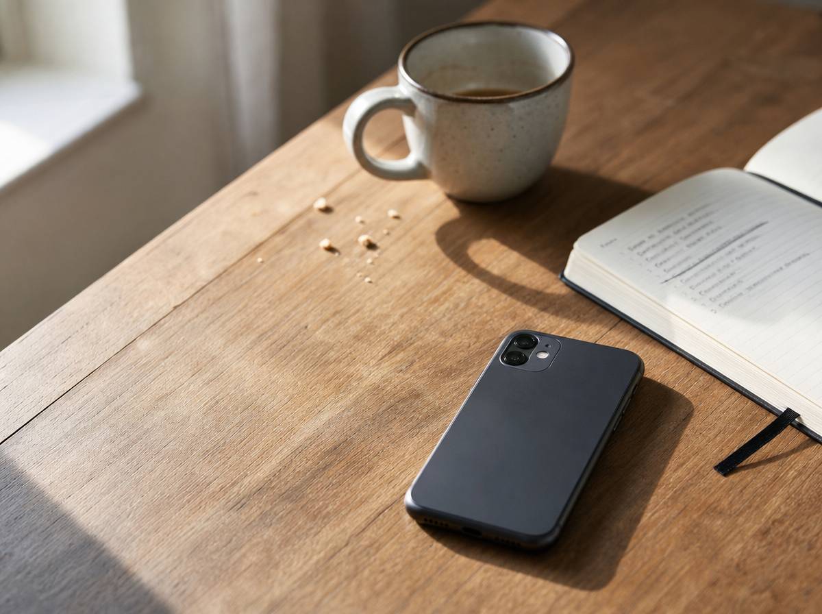 Telefon odłożony ekranem do blatu obok notesu z przekreśloną listą i kubka z resztką kawy