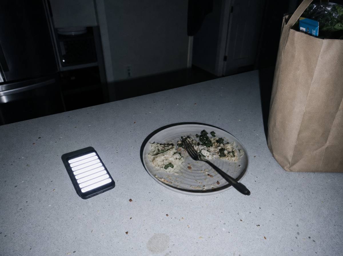 Telefon z powiadomieniami i nietknięta kolacja na kuchennym blacie wieczorem